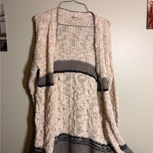 Ecote Cream Cable Knit Open Cardigan with Gray Stripes